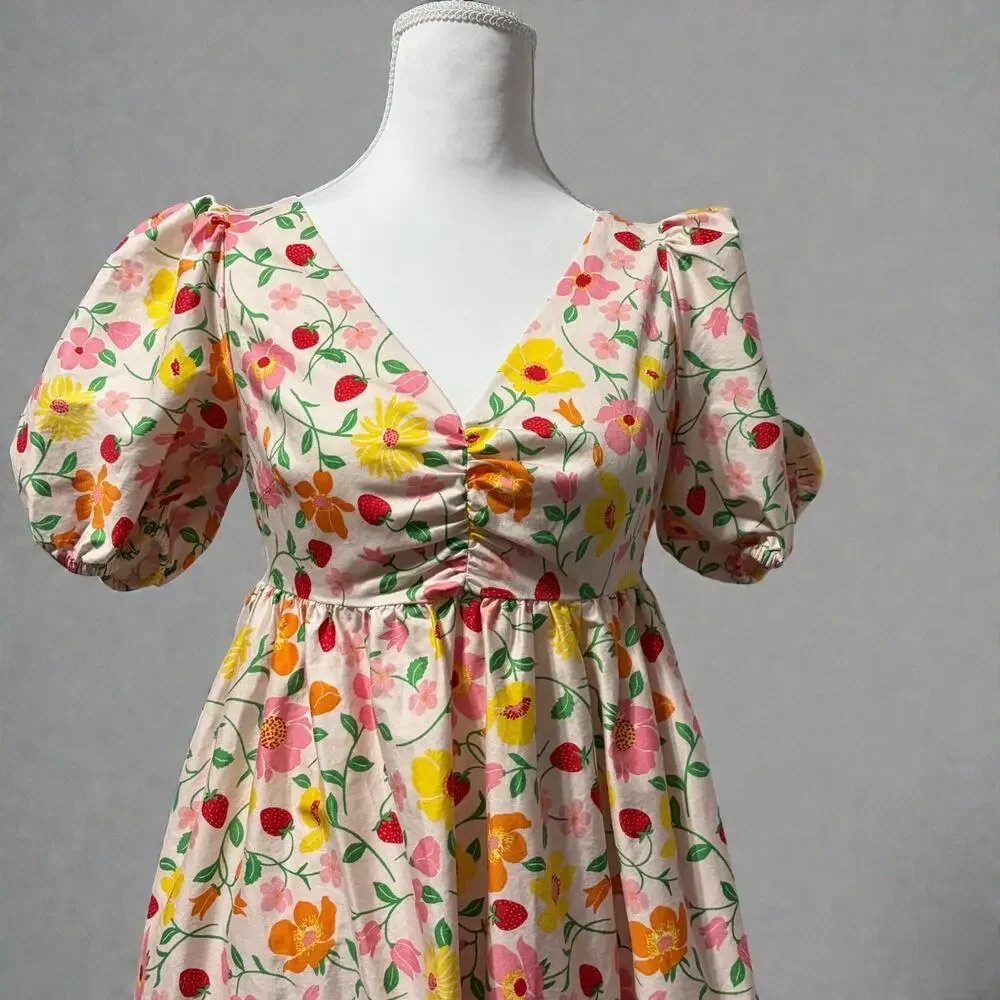 Kate Spade Dress Floral Midi Pink Yellow Puff Sleeve Cottagecore Coquette Size 4